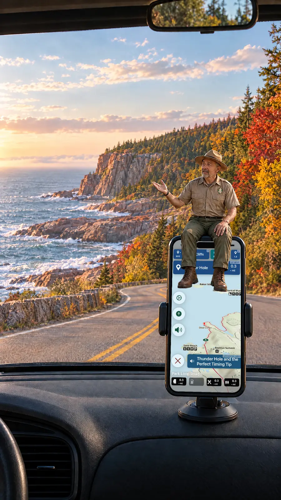 Parkwolf's tour guide sits on a dashboard-mounted iPhone, pointing out Otter Cliff while the app shows Thunder Hole coming up on Acadia's Ocean Drive