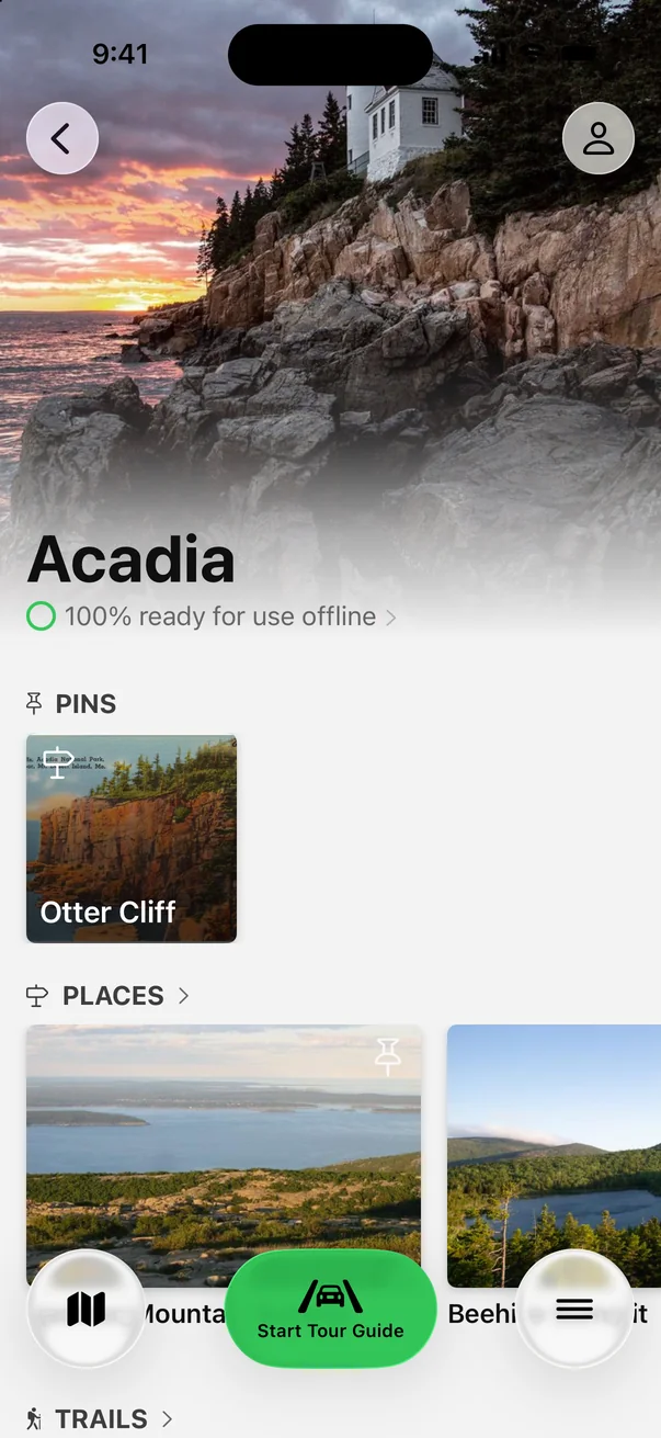 Parkwolf’s Acadia page showing 100% ready for use offline
