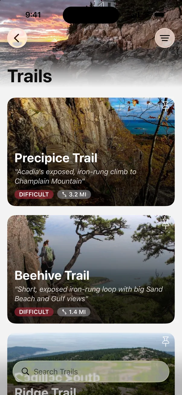 Acadia trail list in Parkwolf showing the Precipice Trail and Beehive Trail, both rated difficult