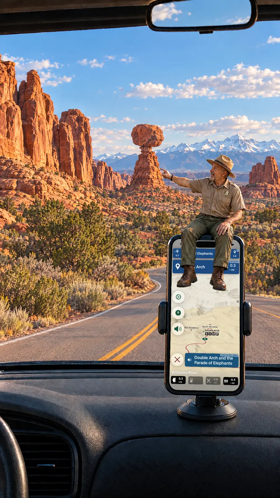 Parkwolf's tour guide sits on a dashboard-mounted iPhone, pointing out Balanced Rock while the app shows Double Arch coming up on the Arches Scenic Drive