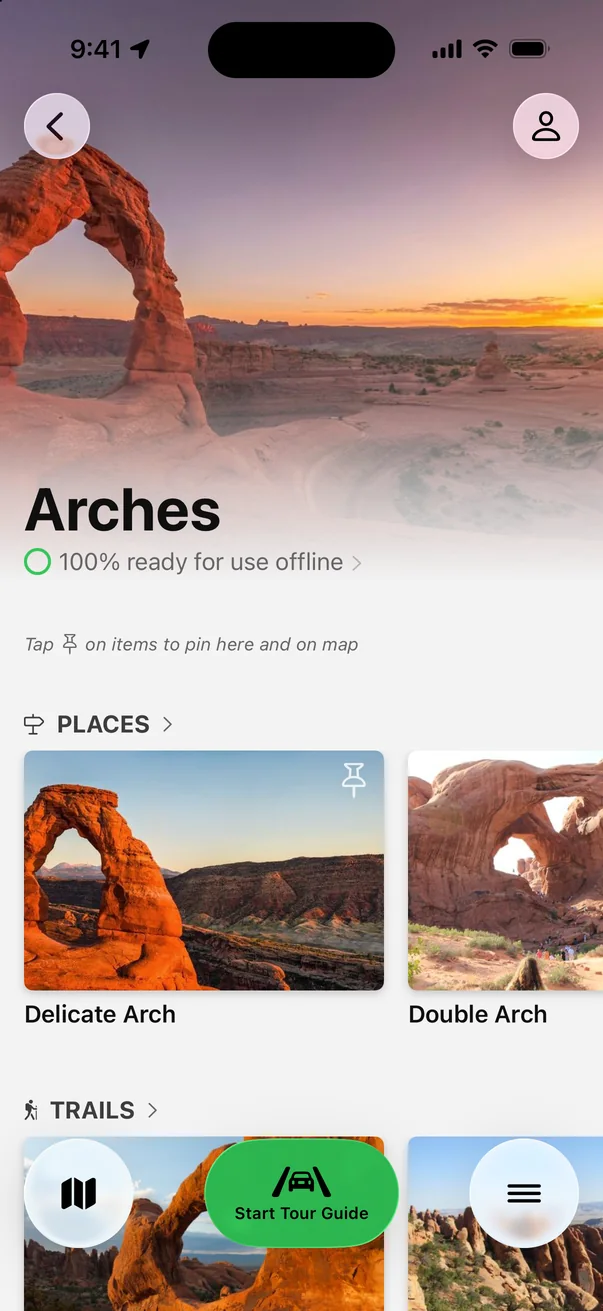 Parkwolf’s Arches page showing 100% ready for use offline