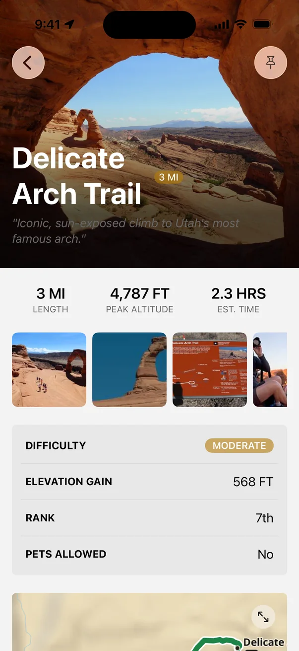 Delicate Arch Trail in Parkwolf: 3 miles, 568 feet of elevation gain, about 2.3 hours, moderate