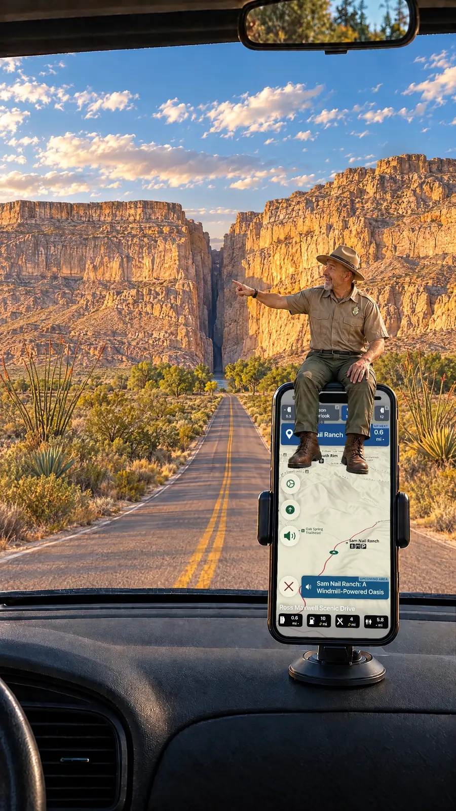 Parkwolf's tour guide sits on a dashboard-mounted iPhone, pointing out the mouth of Santa Elena Canyon while the app narrates Sam Nail Ranch coming up on the Ross Maxwell Scenic Drive