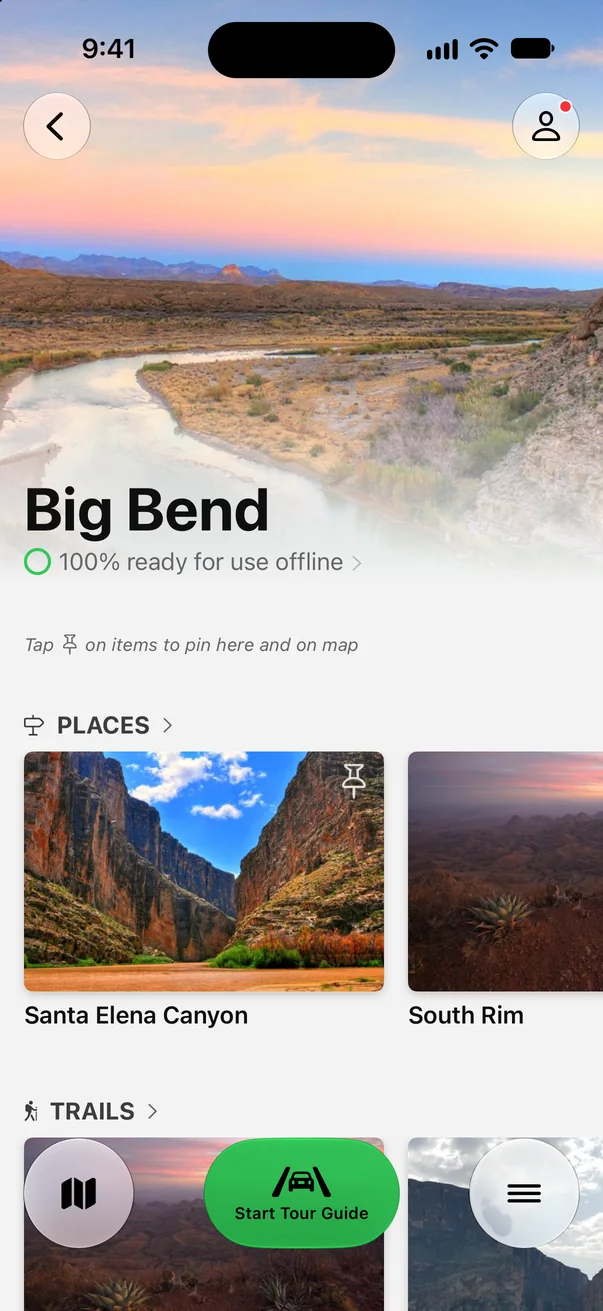 Parkwolf’s Big Bend page showing 100% ready for use offline