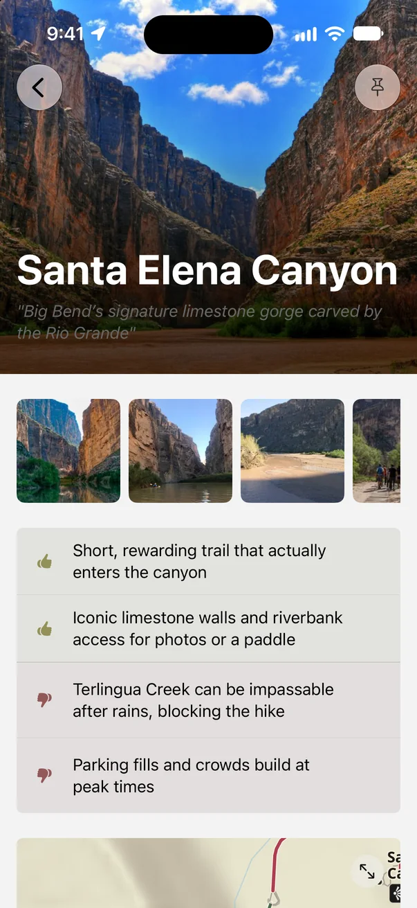 Santa Elena Canyon in Parkwolf with pros and cons, including the short trail into the canyon and the Terlingua Creek crossing