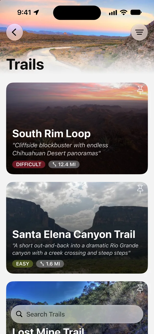 Big Bend trail list in Parkwolf showing the South Rim Loop, difficult, and the Santa Elena Canyon Trail, easy