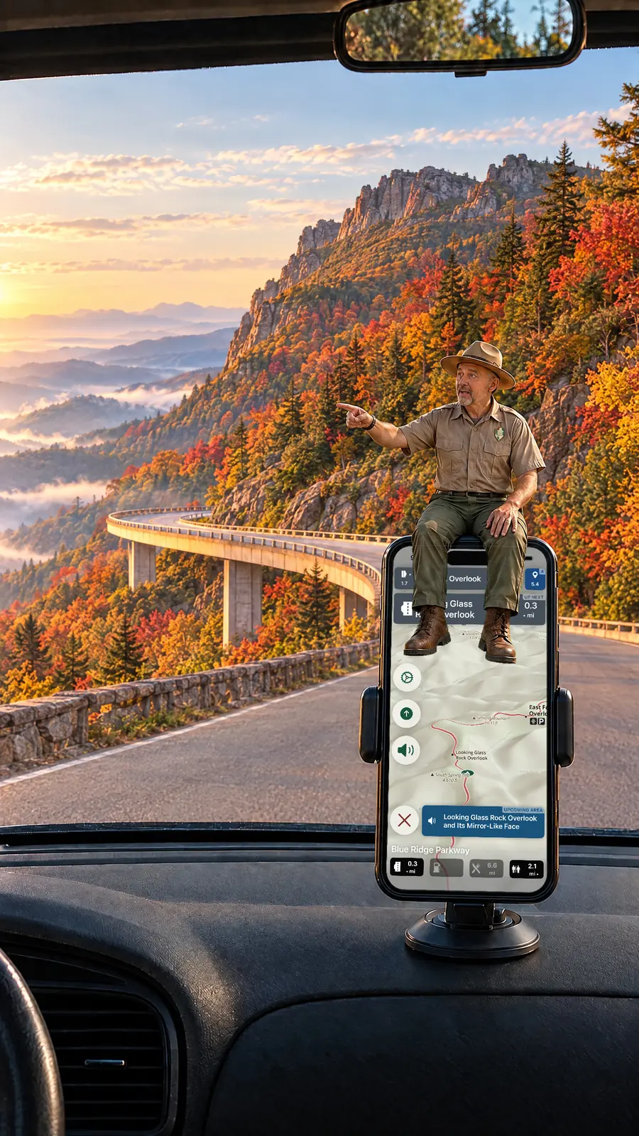Parkwolf's tour guide sits on a dashboard-mounted iPhone, pointing out the Linn Cove Viaduct curving around Grandfather Mountain in fall color while the app shows Looking Glass Rock Overlook coming up on the Blue Ridge Parkway
