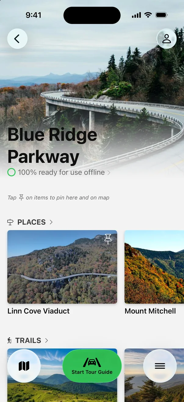 Parkwolf’s Blue Ridge Parkway page showing 100% ready for use offline
