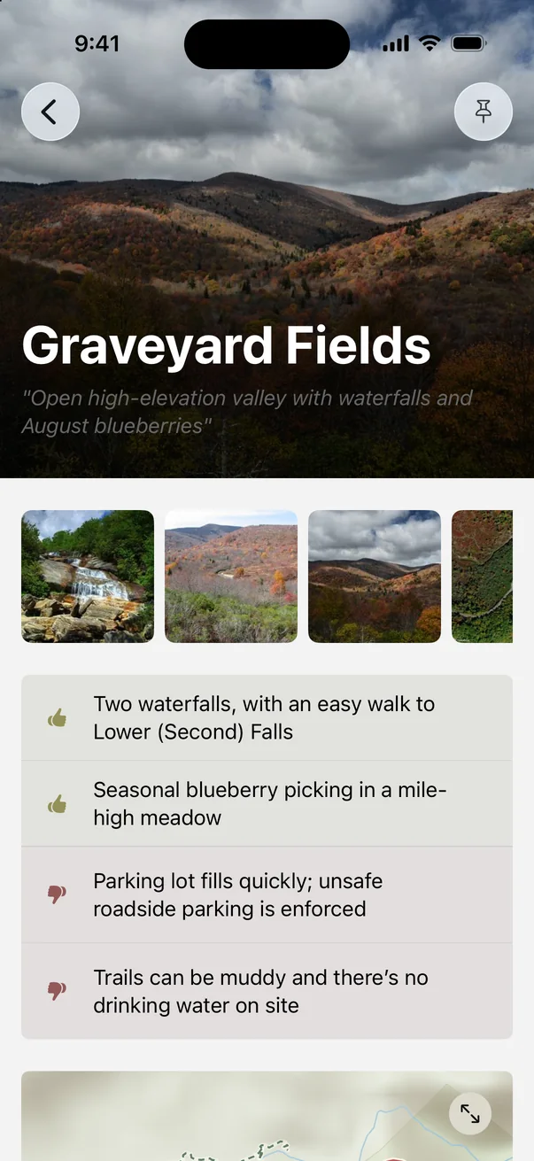 Graveyard Fields in Parkwolf with pros and cons, including the easy walk to Lower Falls and a parking lot that fills quickly
