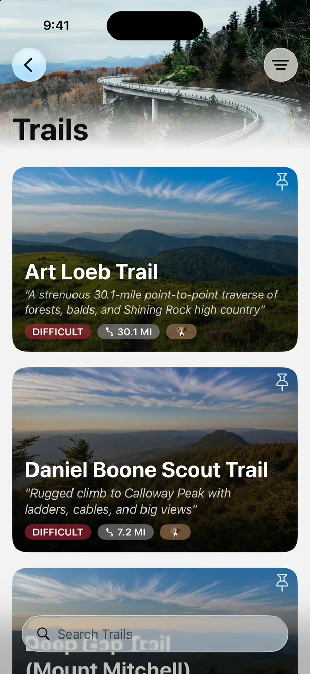 Blue Ridge Parkway trail list in Parkwolf showing the Art Loeb Trail, difficult at 30.1 miles, and the Daniel Boone Scout Trail, difficult at 7.2 miles