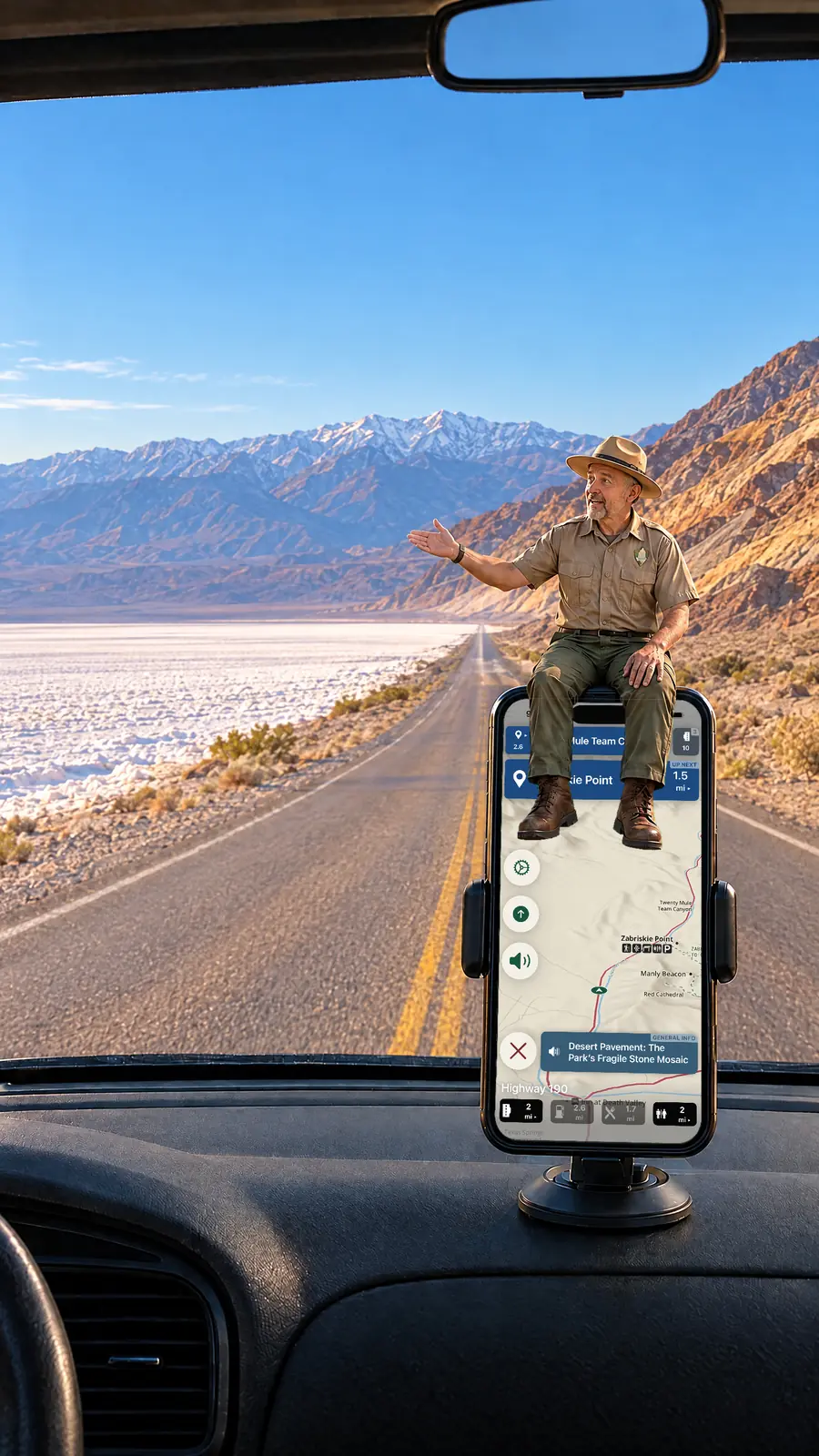 Parkwolf's tour guide sits on a dashboard-mounted iPhone, pointing out the Badwater salt flats while the app shows Zabriskie Point coming up on Highway 190