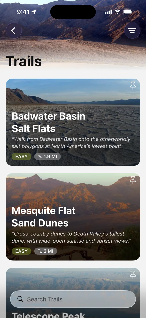 Death Valley trail list in Parkwolf showing Badwater Basin Salt Flats and Mesquite Flat Sand Dunes, both easy