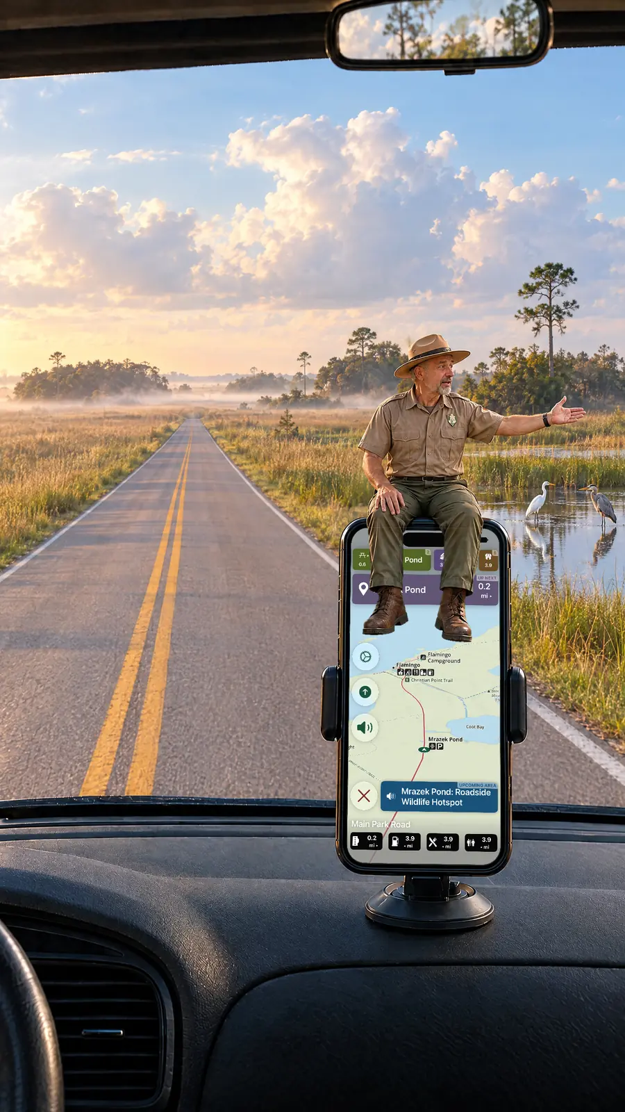 Parkwolf's tour guide sits on a dashboard-mounted iPhone, pointing out an egret and a heron in a roadside pond while the app shows Mrazek Pond coming up on the Main Park Road