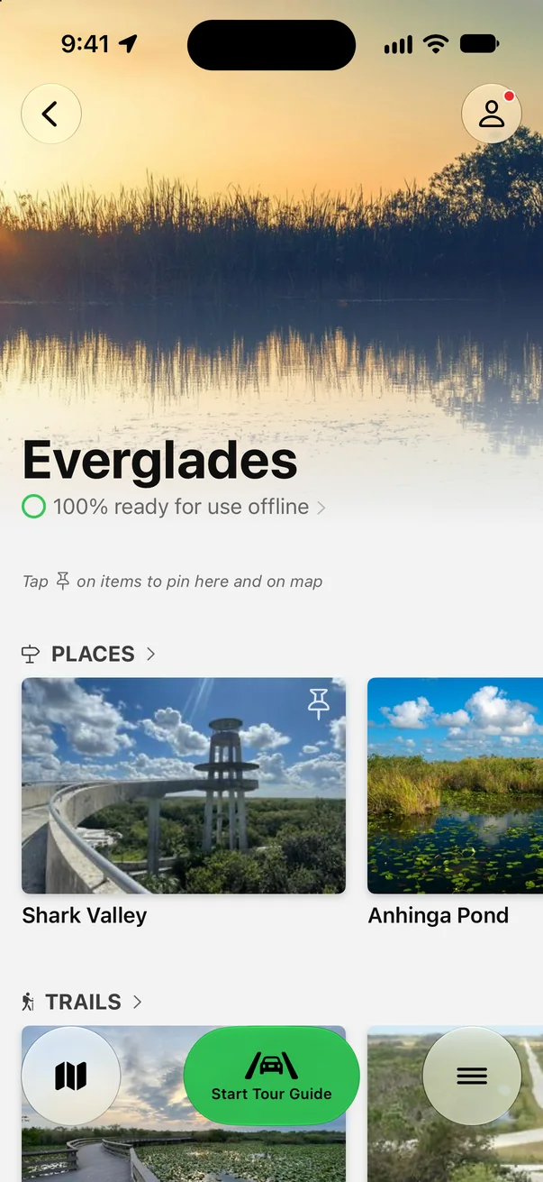 Parkwolf’s Everglades page showing 100% ready for use offline