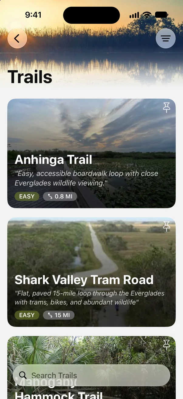 Everglades trail list in Parkwolf showing the Anhinga Trail and Shark Valley Tram Road, both easy