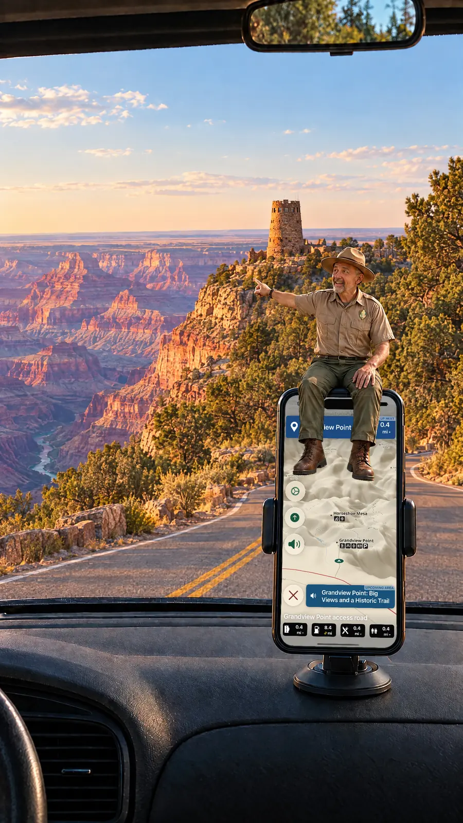 Parkwolf's tour guide sits on a dashboard-mounted iPhone, pointing out the Desert View Watchtower on the Grand Canyon's rim while the app shows Grandview Point coming up on Desert View Drive