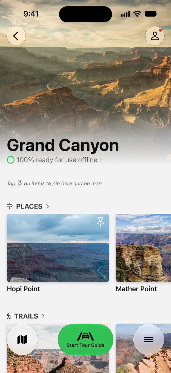 Parkwolf’s Grand Canyon page showing 100% ready for use offline