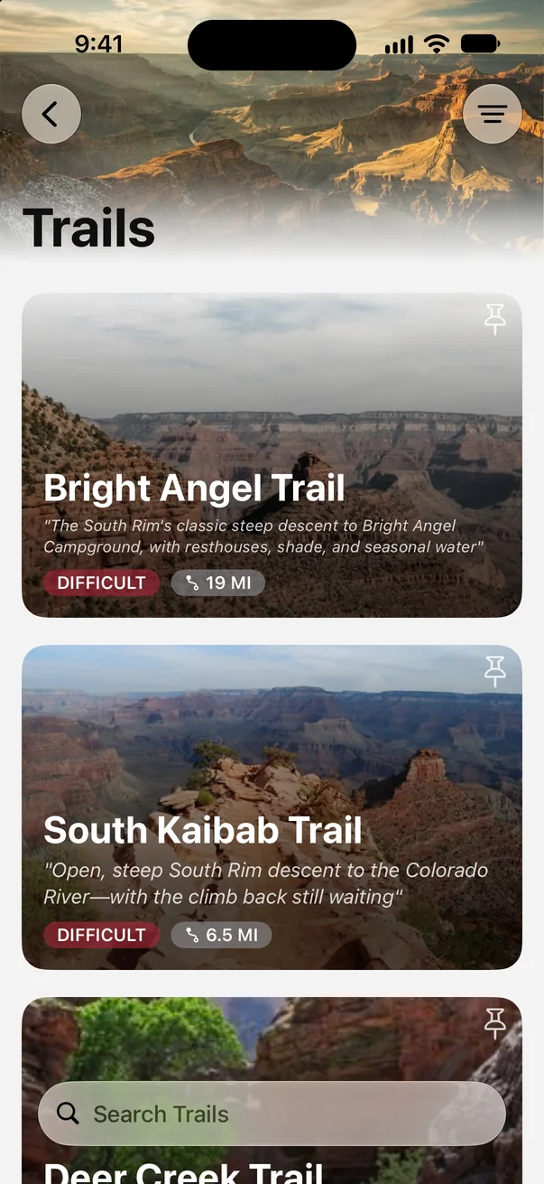 Grand Canyon trail list in Parkwolf showing the Bright Angel and South Kaibab Trails, both difficult