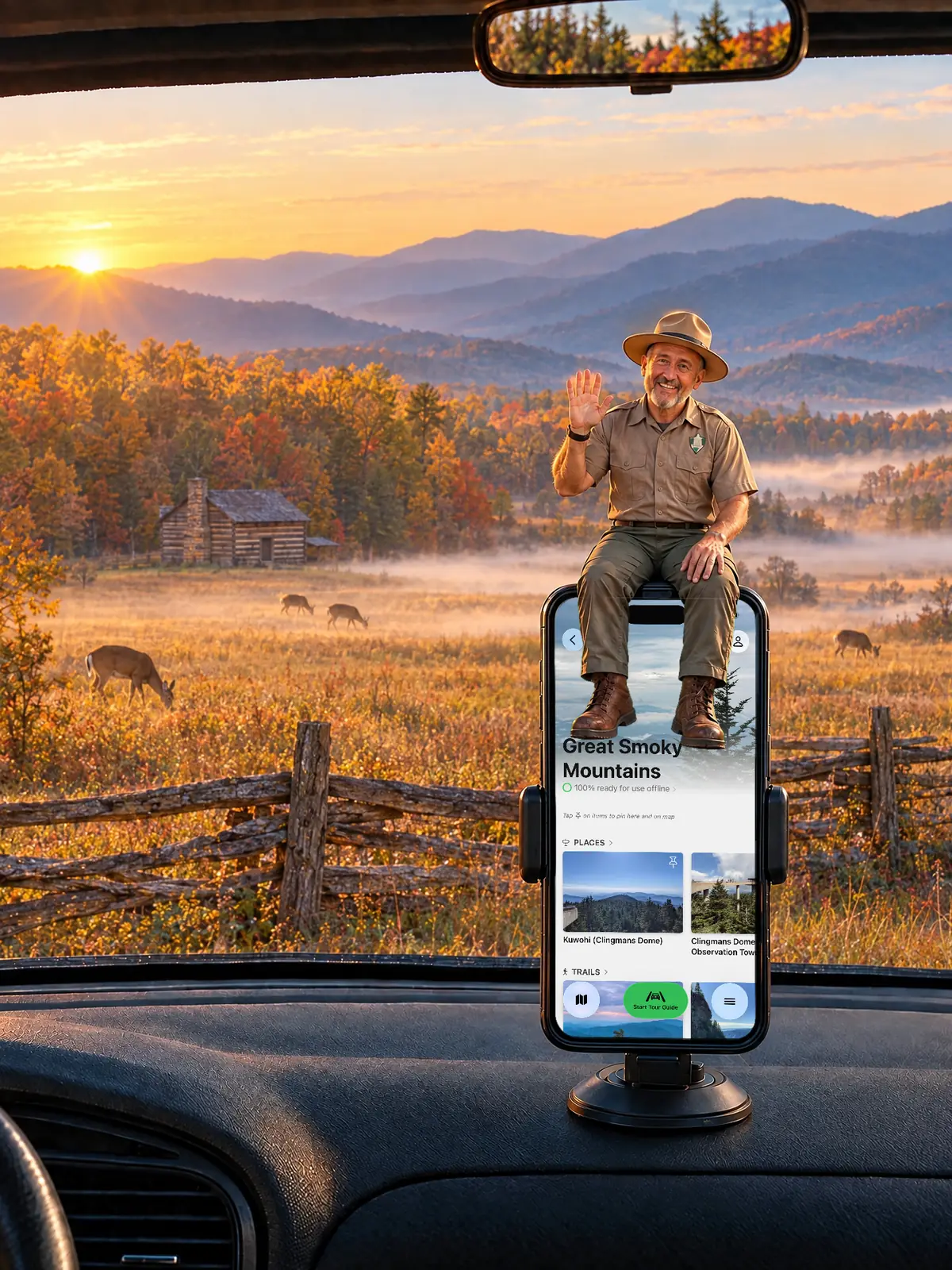 The Parkwolf tour guide waving from a dashboard phone at sunrise over a misty Cades Cove meadow, with grazing deer and a log cabin