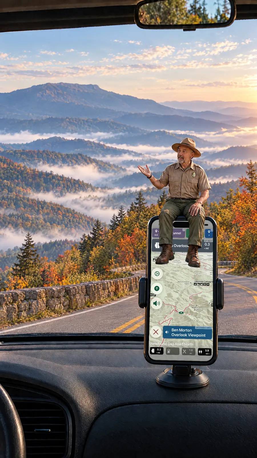 Parkwolf's tour guide sits on a dashboard-mounted iPhone, pointing out Mount Le Conte and the misty blue ridges while the app shows Ben Morton Overlook coming up on Newfound Gap Road