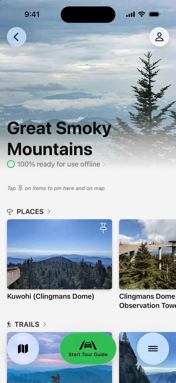 Parkwolf’s Great Smoky Mountains page showing 100% ready for use offline