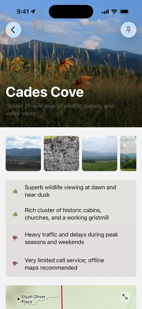 Cades Cove in Parkwolf with pros and cons, including dawn and dusk wildlife viewing and heavy loop traffic