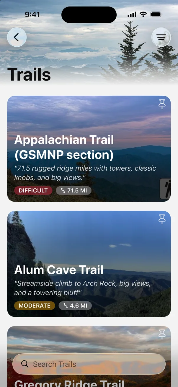 Great Smoky Mountains trail list in Parkwolf showing the Appalachian Trail, difficult at 71.5 miles, and Alum Cave Trail, moderate at 4.6 miles