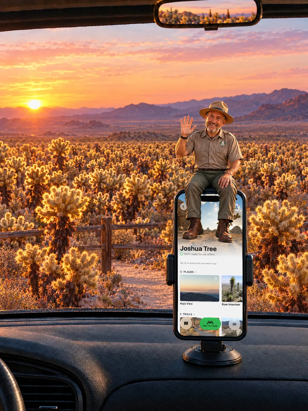 The Parkwolf tour guide waving from a dashboard phone at sunset beside the glowing Cholla Cactus Garden