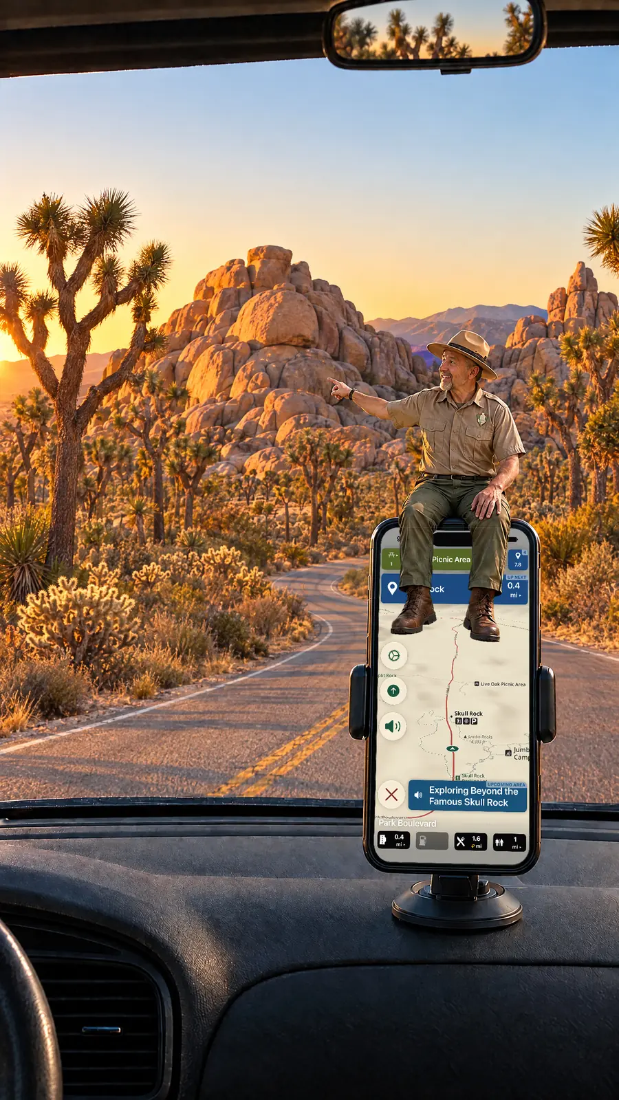 Parkwolf's tour guide sits on a dashboard-mounted iPhone, pointing out a pile of granite boulders among the Joshua trees while the app shows Skull Rock coming up on Park Boulevard