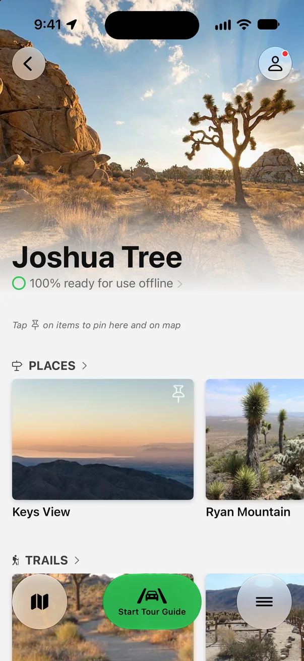 Parkwolf’s Joshua Tree page showing 100% ready for use offline