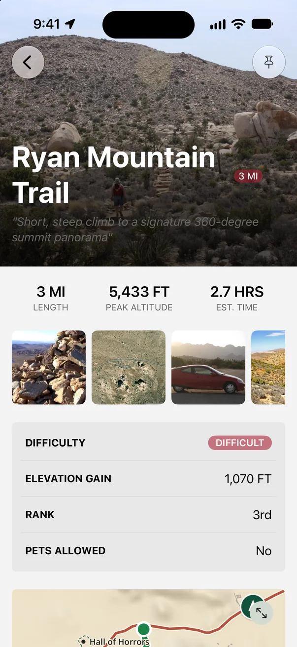 Ryan Mountain Trail in Parkwolf: 3 miles, 1,070 feet of elevation gain, about 2.7 hours, difficult