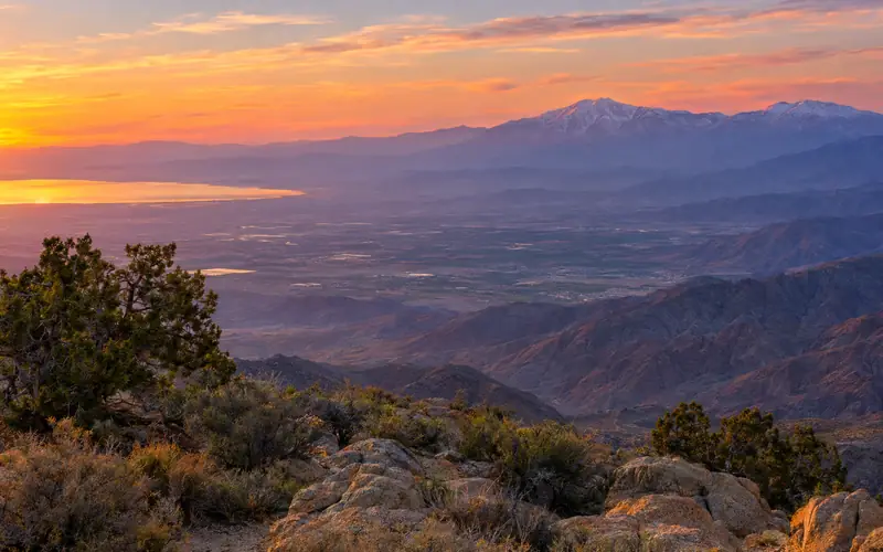 Sunset over the Coachella Valley and the Salton Sea from Keys View, with San Jacinto Peak on the horizon