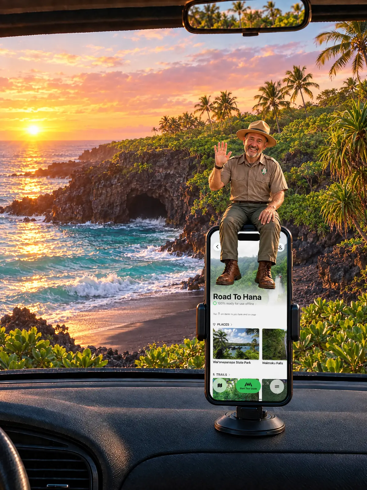 The Parkwolf tour guide waving from a dashboard phone at sunrise over Waiʻānapanapa’s black sand beach on Maui