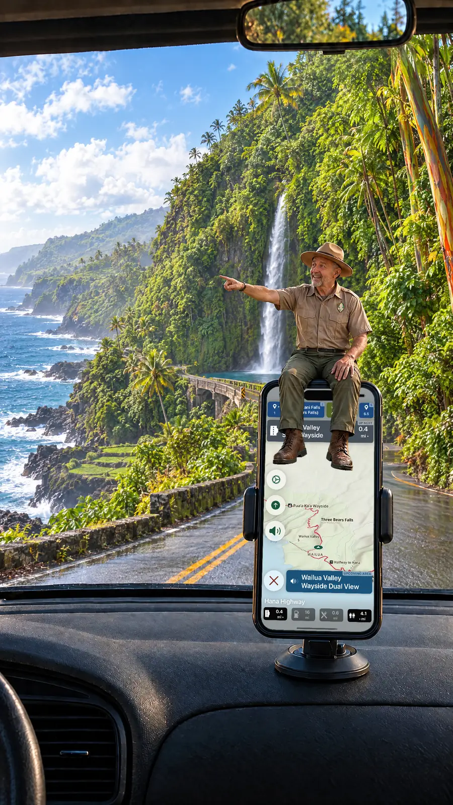 Parkwolf's tour guide sits on a dashboard-mounted iPhone, pointing out a roadside waterfall and the Keʻanae coast while the app shows Wailua Valley State Wayside coming up on the Hana Highway