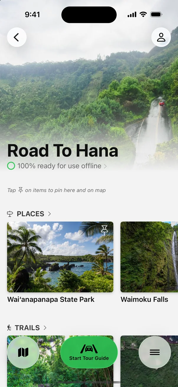 Parkwolf’s Road to Hana page showing 100% ready for use offline