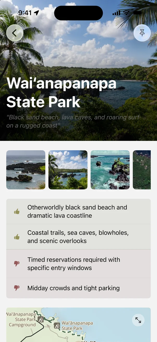 Waiʻānapanapa State Park in Parkwolf with pros and cons, including the black sand beach and timed reservations