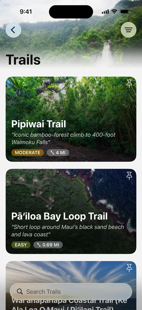 Road to Hana trail list in Parkwolf showing the Pipiwai Trail, moderate at 4 miles, and the Pāʻiloa Bay Loop Trail, easy at 0.69 miles