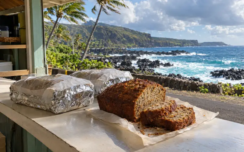 A warm loaf of banana bread on the Keʻanae Peninsula, with black lava rocks and surf beyond