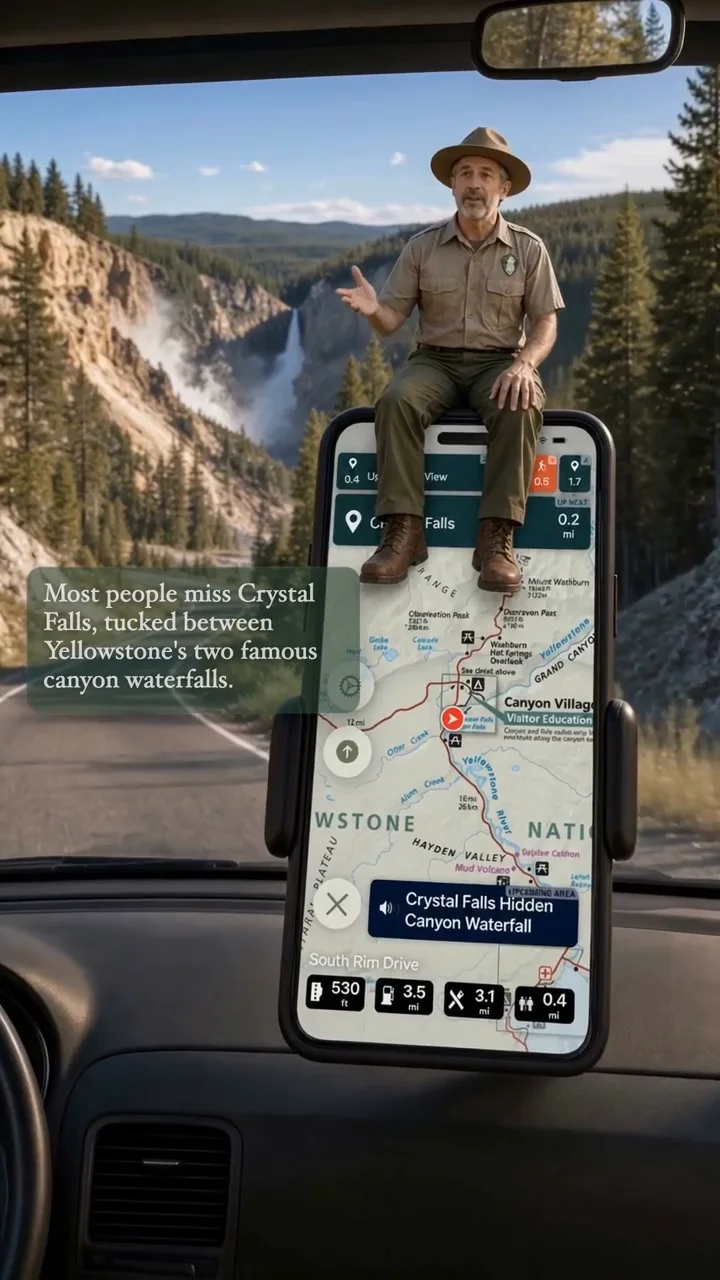 The Parkwolf tour guide sitting on a phone mounted in a car