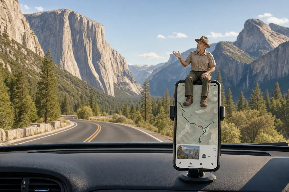 The Parkwolf Tour Guide on a dash-mounted phone, driving into Yosemite Valley