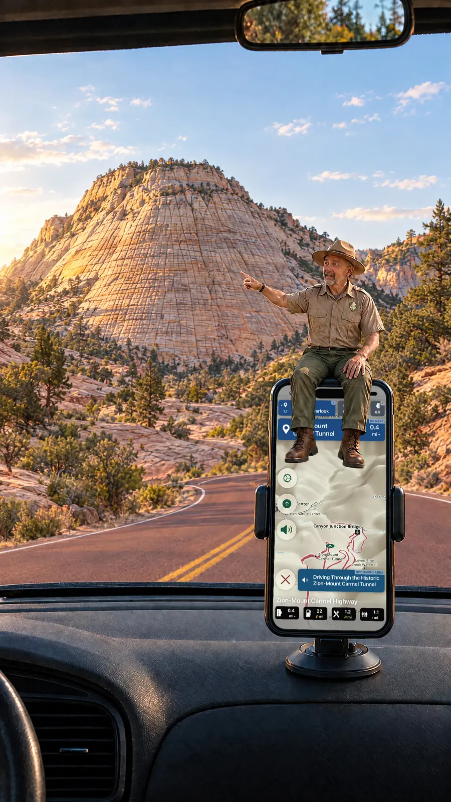 Parkwolf's tour guide sits on a dashboard-mounted iPhone, pointing out Checkerboard Mesa while the app narrates the Zion-Mount Carmel Tunnel coming up on the Zion-Mount Carmel Highway