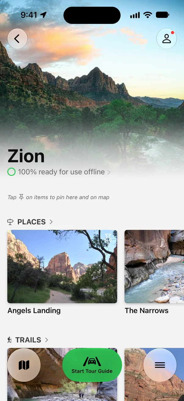 Parkwolf’s Zion page showing 100% ready for use offline