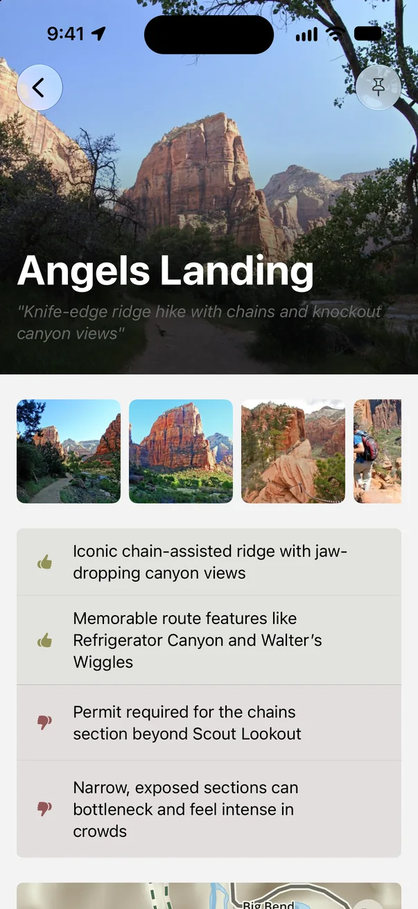 Angels Landing in Parkwolf with pros and cons, including the permit for the chains and exposed sections that bottleneck in crowds