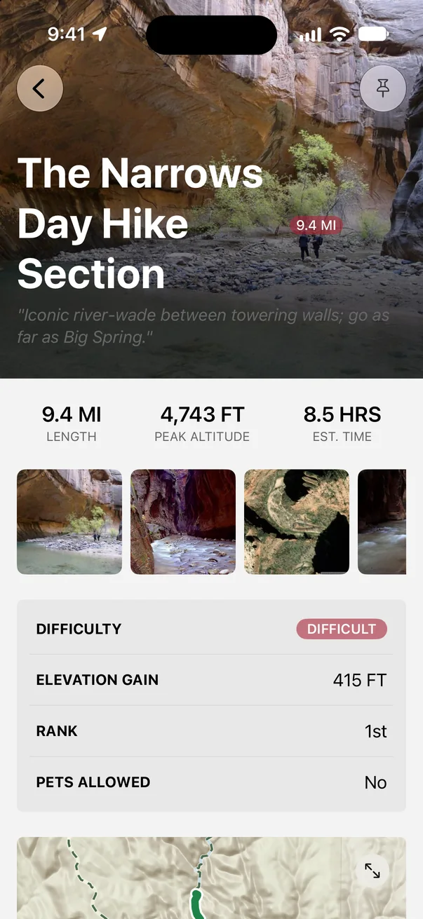 The Narrows Day Hike Section in Parkwolf: 9.4 miles, 415 feet of elevation gain, about 8.5 hours, difficult