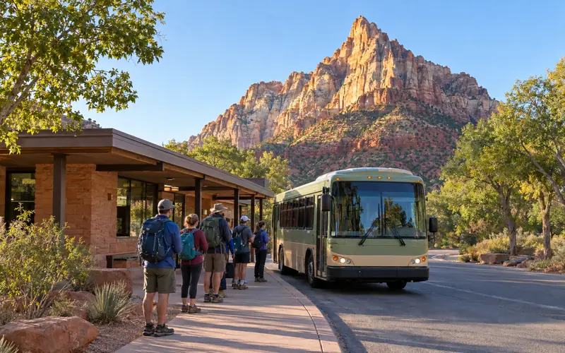 Hikers lining up for the Zion Canyon shuttle at the visitor center, with The Watchman behind